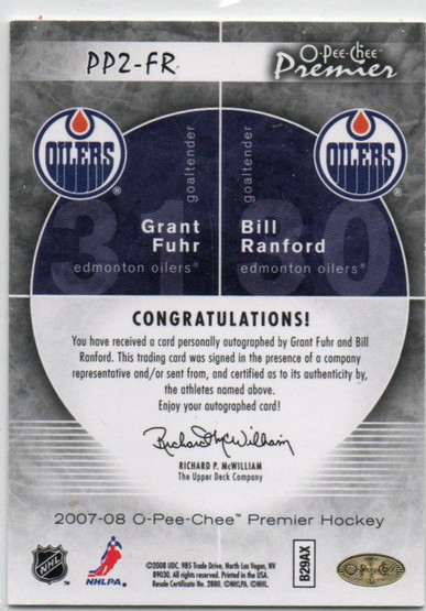  2007-08 OPC Premier Autographs Duos #PP2FR Grant Fuhr/Bill Ranford /75