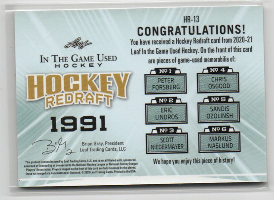 2020-21 ITG Used Hockey Redraft Memorabilia Emerald #HR13 Peter Forsberg/Eric Lindros/Scott Niedermayer/Chris Osgood/Sandis Ozolinsh/Markus Naslund/5