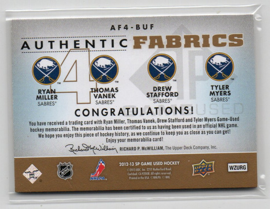 2012-13 SP Game Used Authentic Fabrics Quads Pacthes #AF4BUF Ryan Miller/Thomas Vanek/Drew Stafford/Tyler Myers /12
