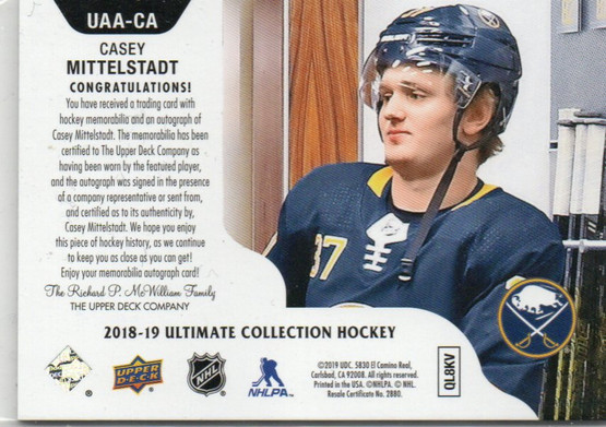  2018-19 Ultimate Collection Ultimate Access Material Autographs #UAACA Casey Mittelstadt /125