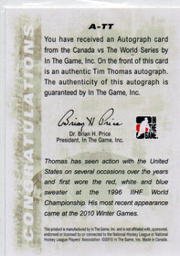  2011-12 ITG Canada vs The World Autographs #ATT Tim Thomas