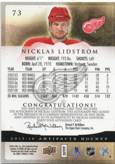 2013-14 Artifacts Black #73 Nicklas Lidstrom AU /5