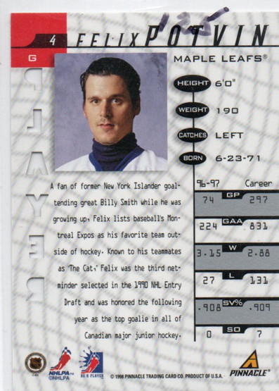 1997-98 Be A Player Autographs Prismatic Die Cut #4 Felix Potvin /100