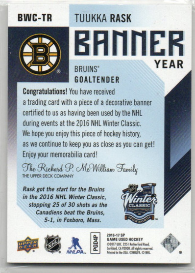  2016-17 SP Game Used Banner Year Winter Classic #BWCTR Tuukka Rask