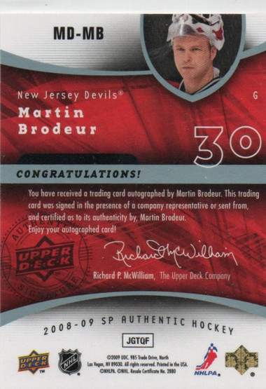  2008-09 SP Authentic Marks of Distinction #MDMB Martin Brodeur /25