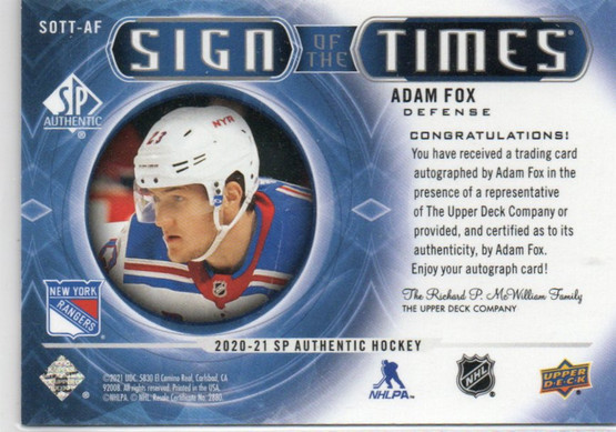  2020-21 SP Authentic Sign of the Times #SOTTAF Adam Fox