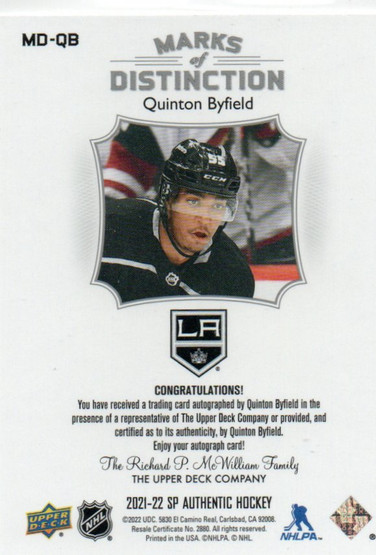  2021-22 SP Authentic Marks of Distinction #MDQB Quinton Byfield /25