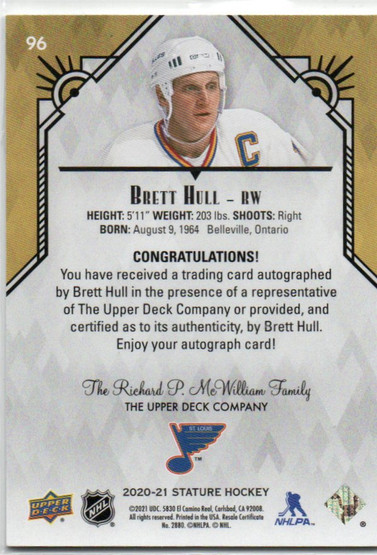  2020-21 Upper Deck Stature Autographs Green #96 Brett Hull /25