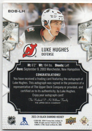  2023-24 Black Diamond Pure Black Autographs #BDBLH Luke Hughes/49