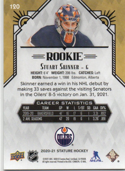  2020-21 Upper Deck Stature Blue #120 Stuart Skinner /45