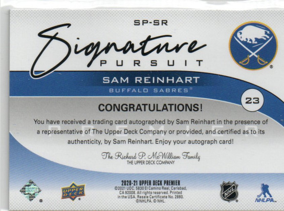  2020-21 Upper Deck Premier Signature Pursuit Autographs #SPSR Sam Reinhart /35