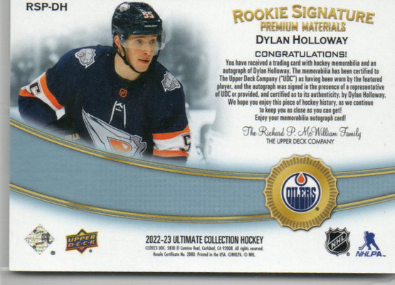  2022-23 Ultimate Collection Rookie Signature Premium Materials #RSPDH Dylan Holloway/65