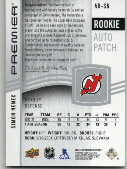  2023-24 Upper Deck Premier Acetate Rookie Patch Autographs #ARSN Simon Nemec/249
