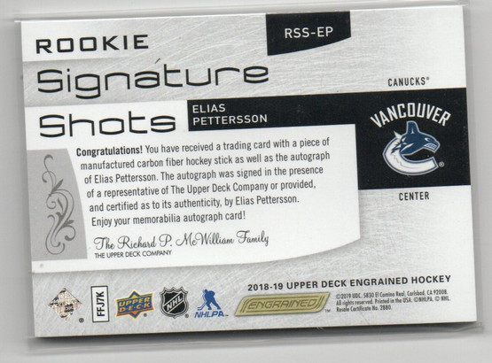  2018-19 Upper Deck Engrained Rookie Signature Shots #RSSEP Elias Pettersson/149