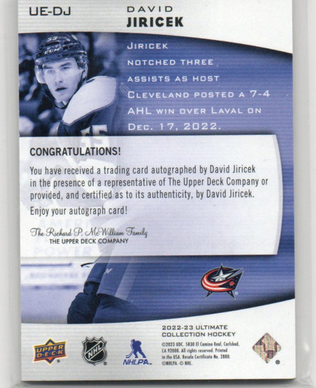  2022-23 Ultimate Collection Ultimate Emblems Rookie Autographs #UEDJ David Jiricek
