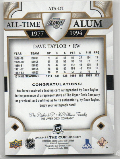  2022-23 The Cup All Time Alum Autographs Gold #ATADT Dave Taylor/50