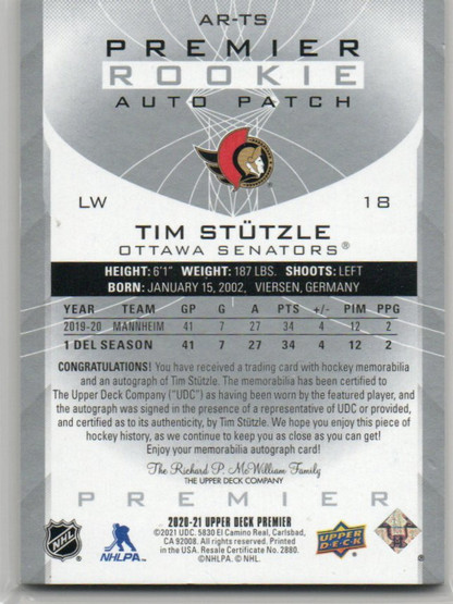  2020-21 Upper Deck Premier Acetate Rookie Patch Autographs #ARTS Tim Stutzle /99