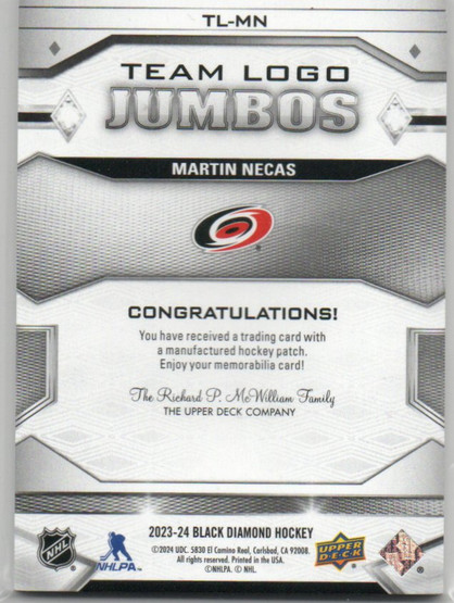  2023-24 Black Diamond Team Logo Jumbo Patches Retro Logo #TLMN Martin Necas