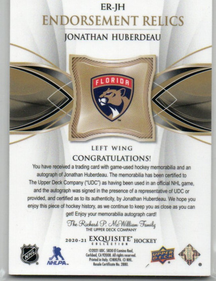  2020-21 Exquisite Collection Endorsements Relics #ERJH Jonathan Huberdeau/50