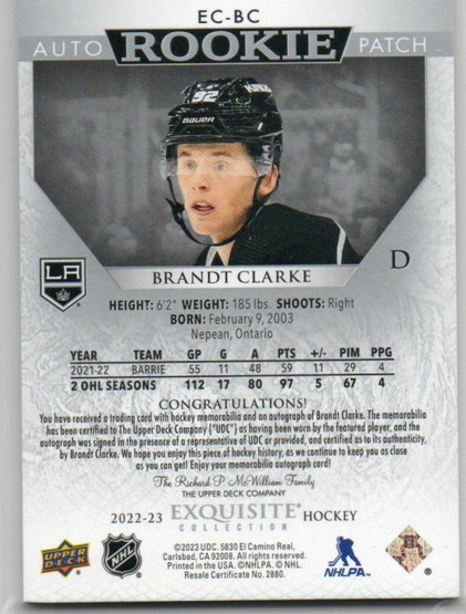  2022-23 Exquisite Collection Rookie Patch Autographs #ECBC Brandt Clarke/92