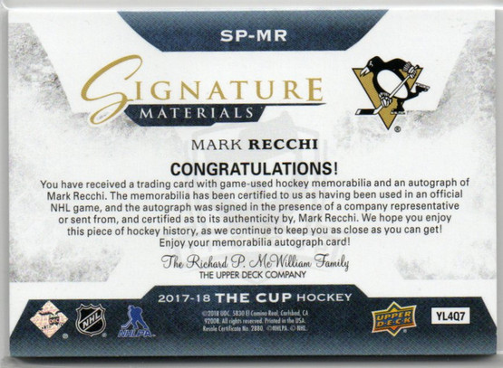  2017-18 The Cup Signature Patches #SPMR Mark Recchi/99
