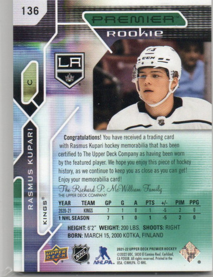  2021-22 Upper Deck Premier Jerseys Fight Strap #136 Rasmus Kupari /15