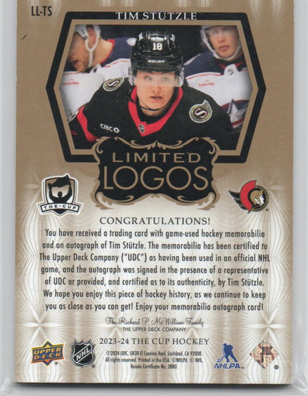  2023-24 The Cup Limited Logos #LLTS Tim Stutzle AU/50
