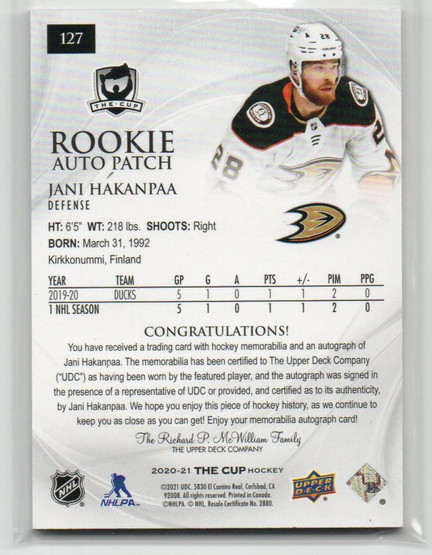  2020-21 The Cup #127 Jani Hakanpaa JSY AU/249 RC