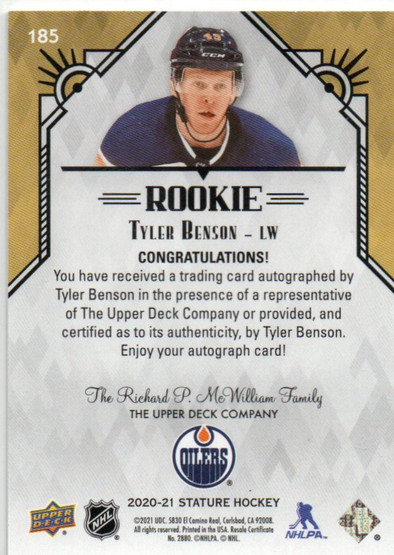  2020-21 Upper Deck Stature Autographs Blue #185 Tyler Benson /15