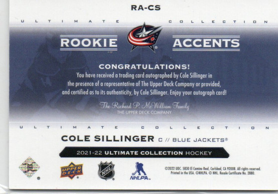  2021-22 Ultimate Collection Rookie Accents Autographs #RACS Cole Sillinger/35