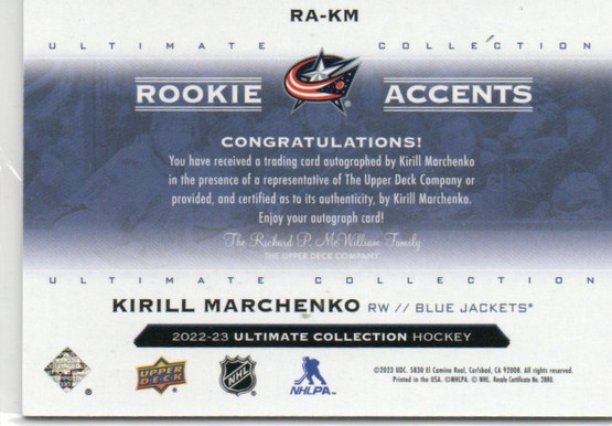  2022-23 Ultimate Collection Rookie Accents Autographs #RAKM Kirill Marchenko/35