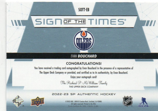  2022-23 SP Authentic Sign of the Times #SOTTEB Evan Bouchard E