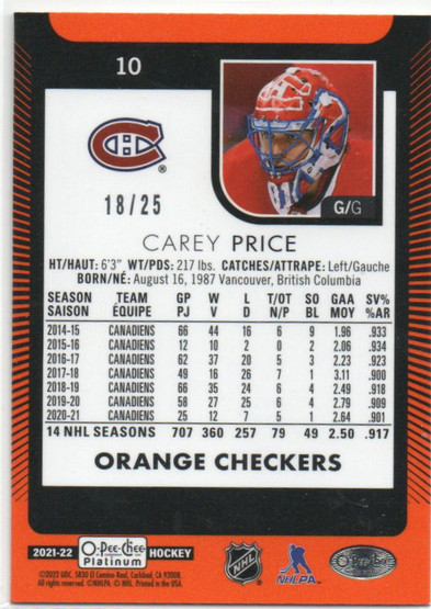  2021-22 O-Pee-Chee Platinum Orange Checkers #10 Carey Price /25