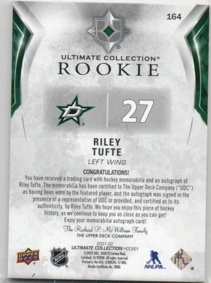  2021-22 Ultimate Collection Patch Autographs #164 Riley Tufte/99