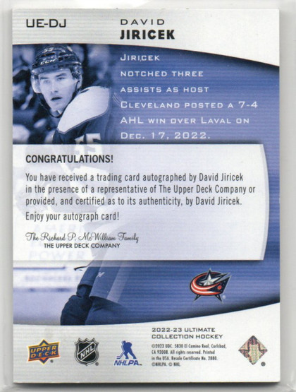 2022-23 Ultimate Collection Ultimate Emblems Rookie Autographs Gold #UEDJ David Jiricek/49