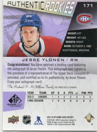  2021-22 SP Game Used Purple Fragment #171 Jesse Ylonen AU /5