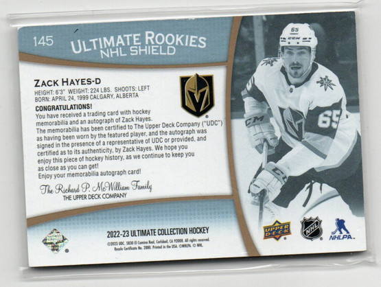  2022-23 Ultimate Collection Shield Patches #145 Zack Hayes AU 1/1