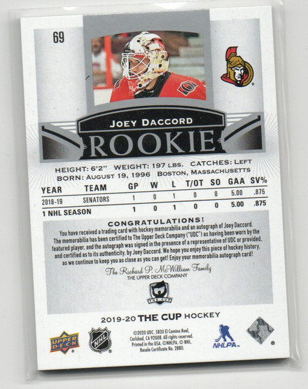  2019-20 The Cup #69 Joey Daccord JSY AU/249 RC