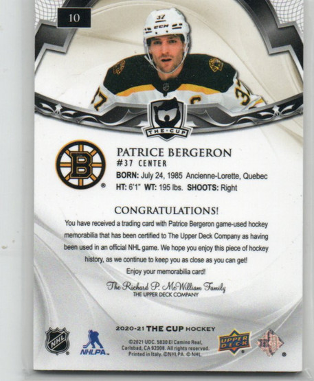  2020-21 The Cup Gold #10 Patrice Bergeron JSY/8