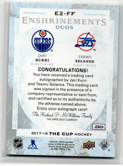  2017-18 The Cup Enshrinements Dual #E2FF Jari Kurri/Teemu Selanne/25