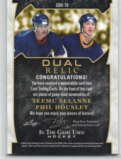  2022-23 ITG Used Game Used Dual Relics Red Spectrum #GDR19 Teemu Selanne/Phil Housley /3