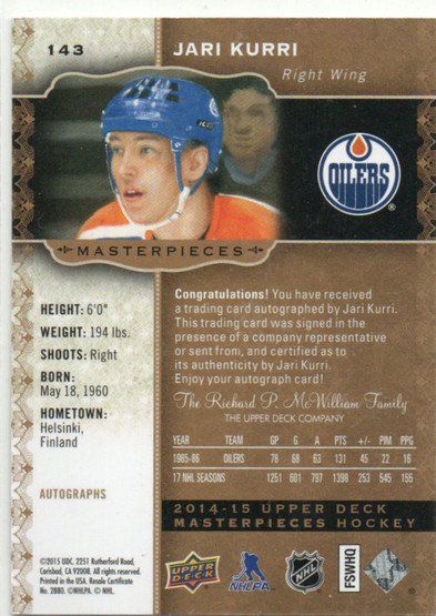  2014-15 UD Masterpieces Autographs #143 Jari Kurri E