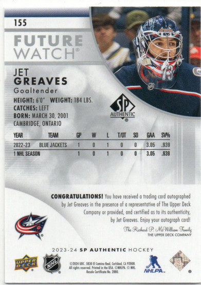  2023-24 SP Authentic #155 Jet Greaves FW AU/949* RC
