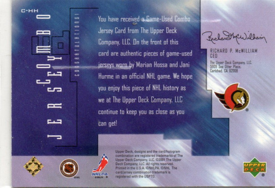  2001-02 Upper Deck Game Jerseys #CHH Marian Hossa/Jani Hurme