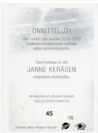2019-20 Cardset Signature Janne Keränen /125