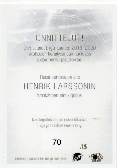 2019-20 Cardset Signature Henrik Larsson /125