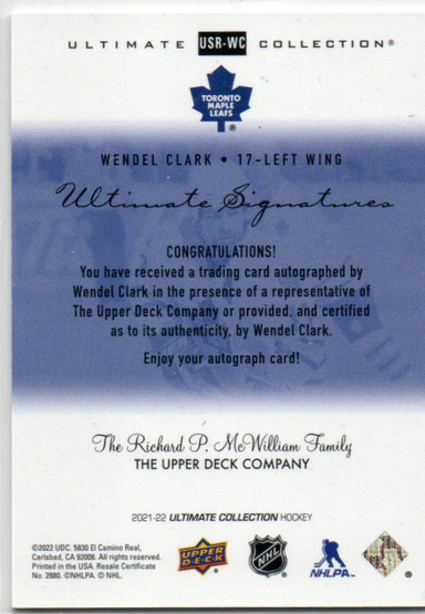 2021-22 Ultimate Collection '00-01 Ultimate Signatures Retro #USRWC Wendel Clark B