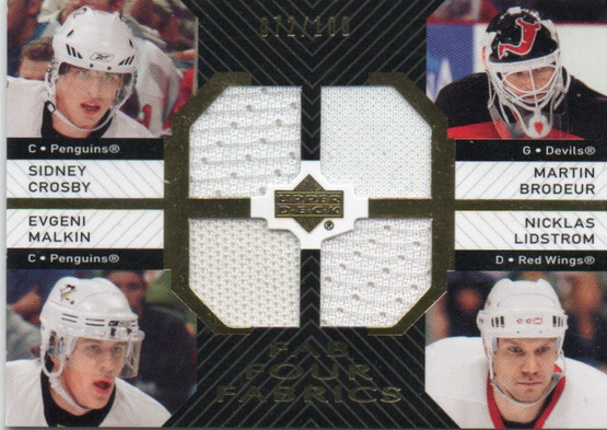 2007-08 Upper Deck Fab Four Fabrics #FFBLCM Martin Brodeur/Nicklas Lidstrom/Sidney Crosby/Evgeni Malkin /100