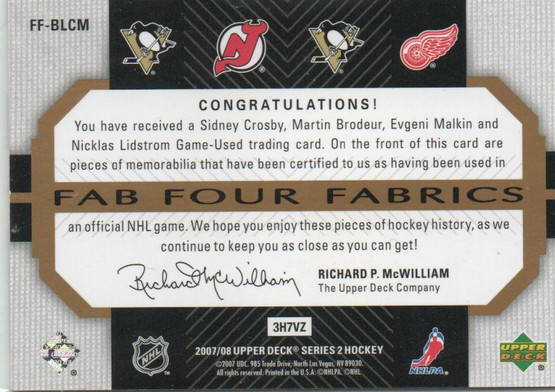 2007-08 Upper Deck Fab Four Fabrics #FFBLCM Martin Brodeur/Nicklas Lidstrom/Sidney Crosby/Evgeni Malkin /100