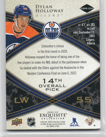  2022-23 Exquisite Collection '08-09 Retro Gold Spectrum #08RDH Dylan Holloway /99
